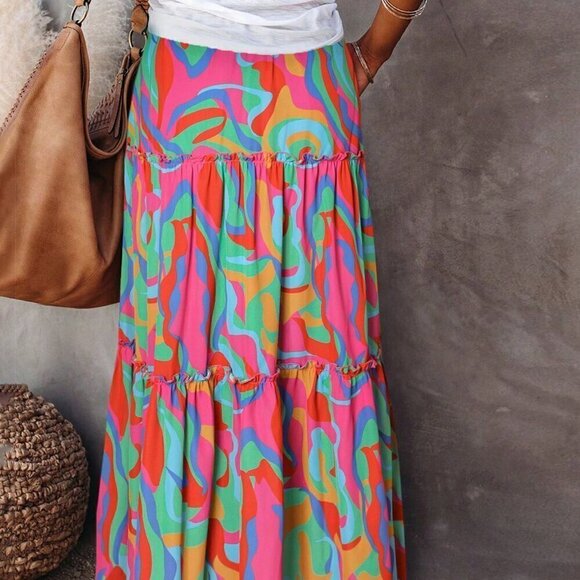 Multicolor Casual Women's Boho Abstract Print Long Elastic Waist A Line Skirt - Picture 2 of 3